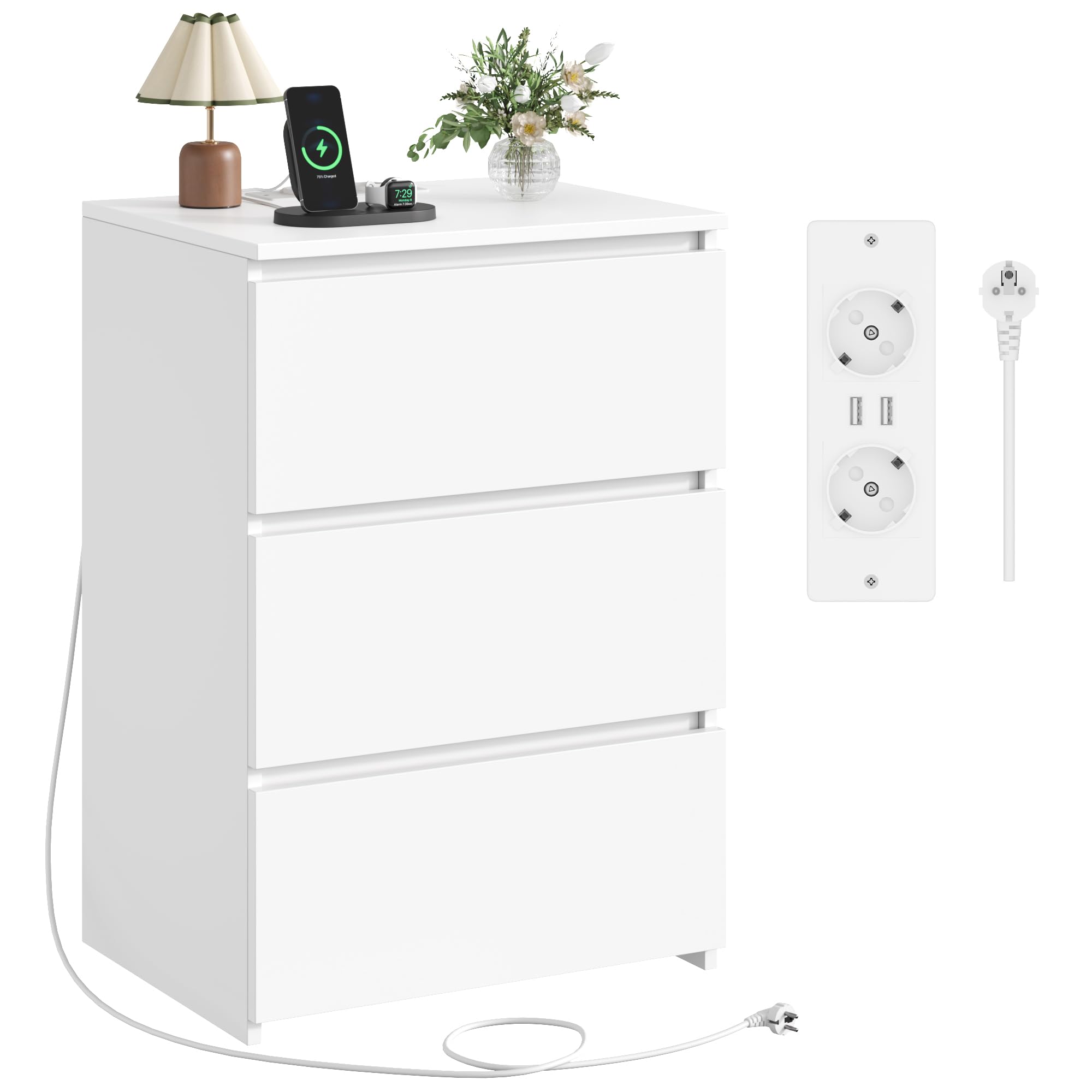 FirFurd Comodino con Ciabatta Elettrica, Comodino Camera da Letto con 3 Cassetti, con 2 Prese AC e 2 Porte USB, Cassettiera in Legno, per Soggiorno e Camera da Letto, Moderno, 45x38x66 cm (Bianco)