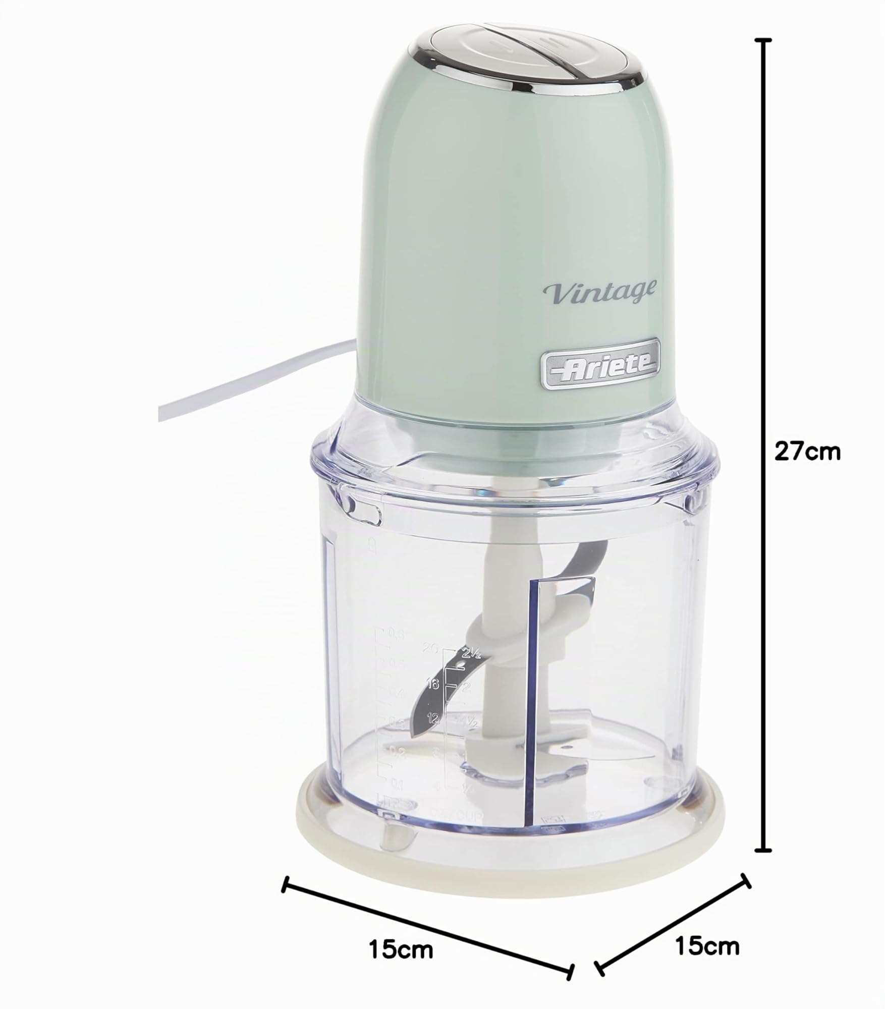 Ariete Vintage 438, Hachoir Électrique de Légumes et de Glace avec 2 Vitesses, 4 Lames en Acier Inoxydable, Pieds Antidérapants, 600 ml, 400W, Vert