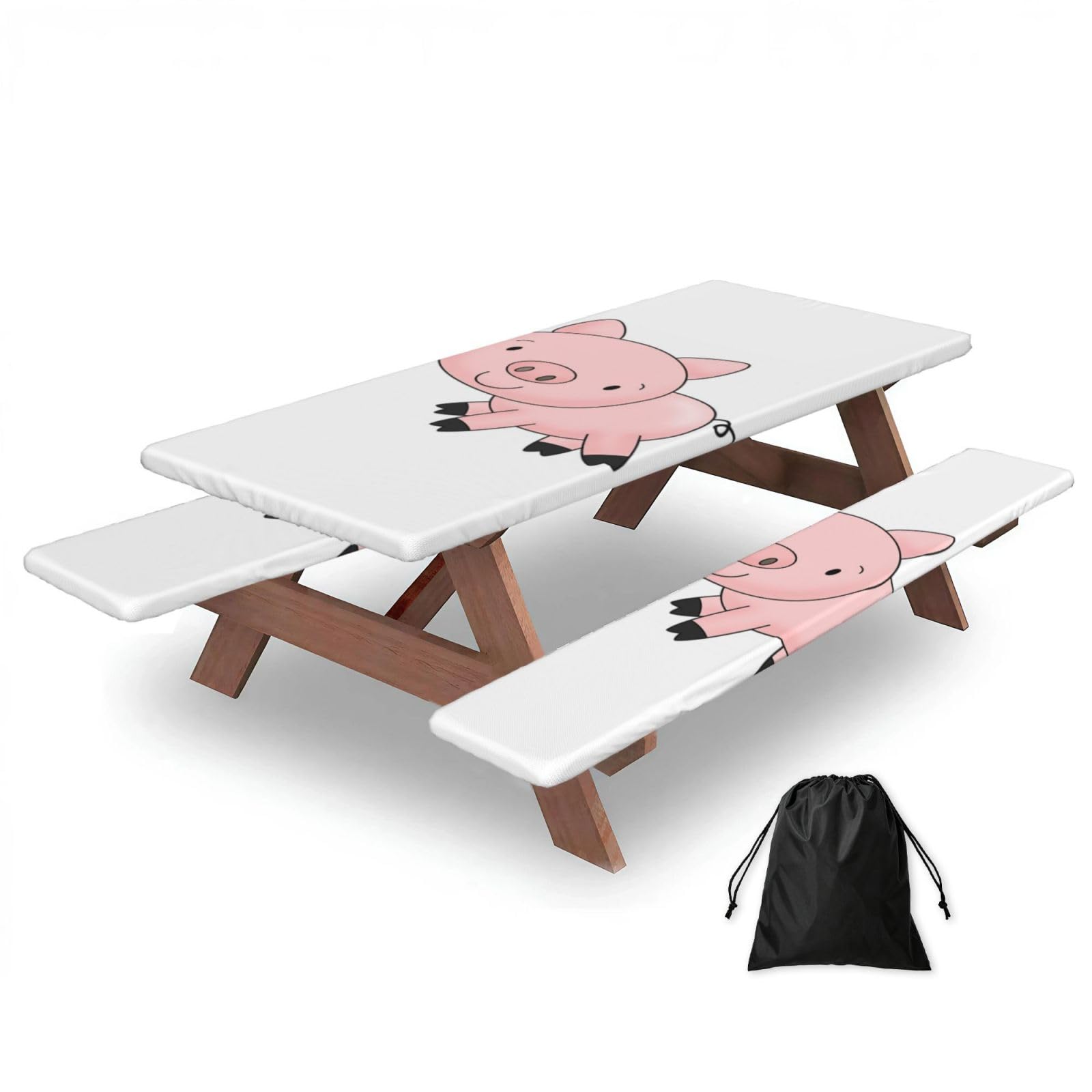 Duwaa Black Piggy Print 183Cm Picnic Table Cover With Bench Covers, Waterproof Elastic Tablecloth Set For Outdoor