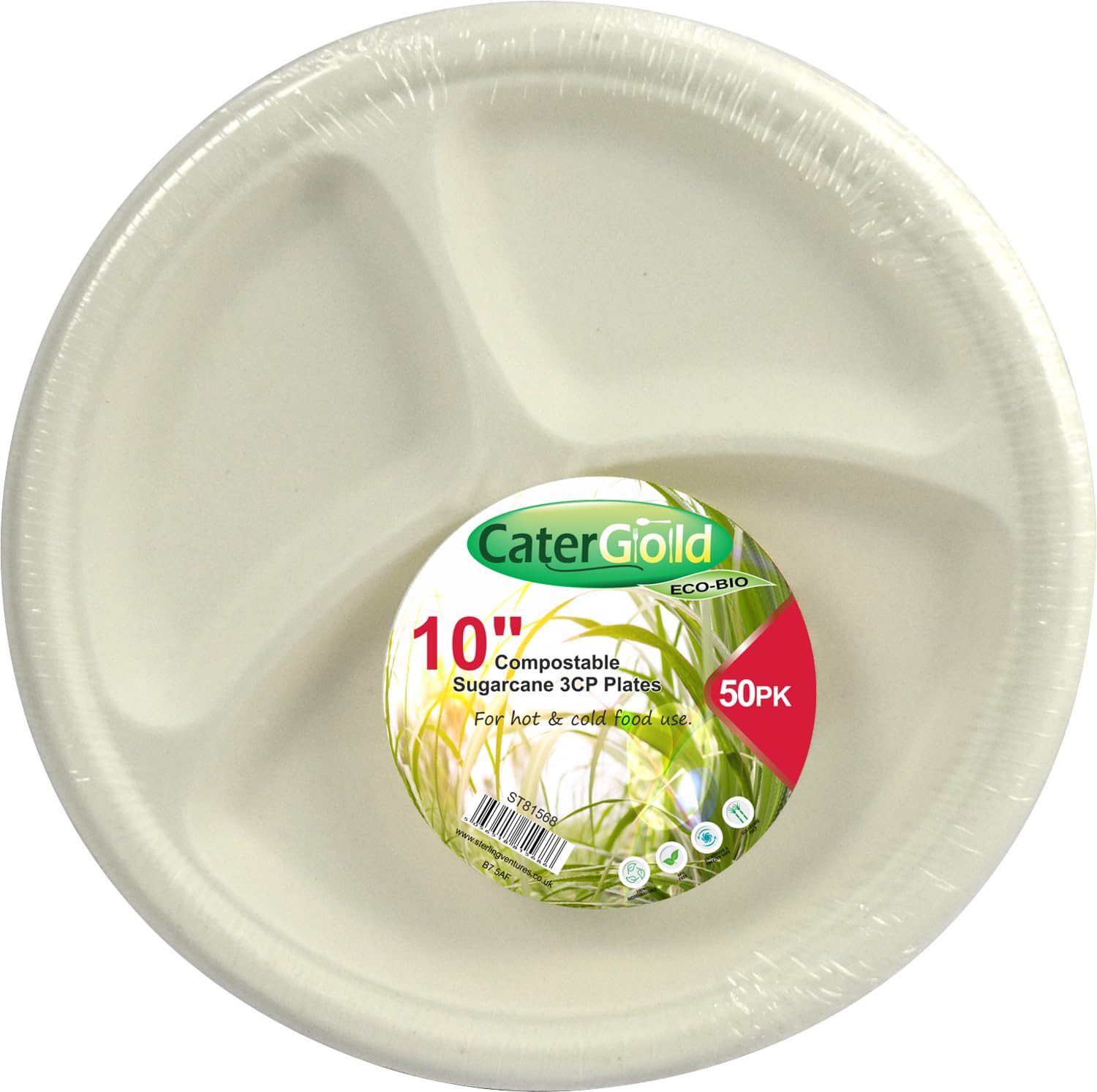 Catergold 10" Basasse Compartment Plates Eco-Friendly 3CP Super Strong Sugarcane Tray Lunch Dinner Party Plates White 50 Pcs