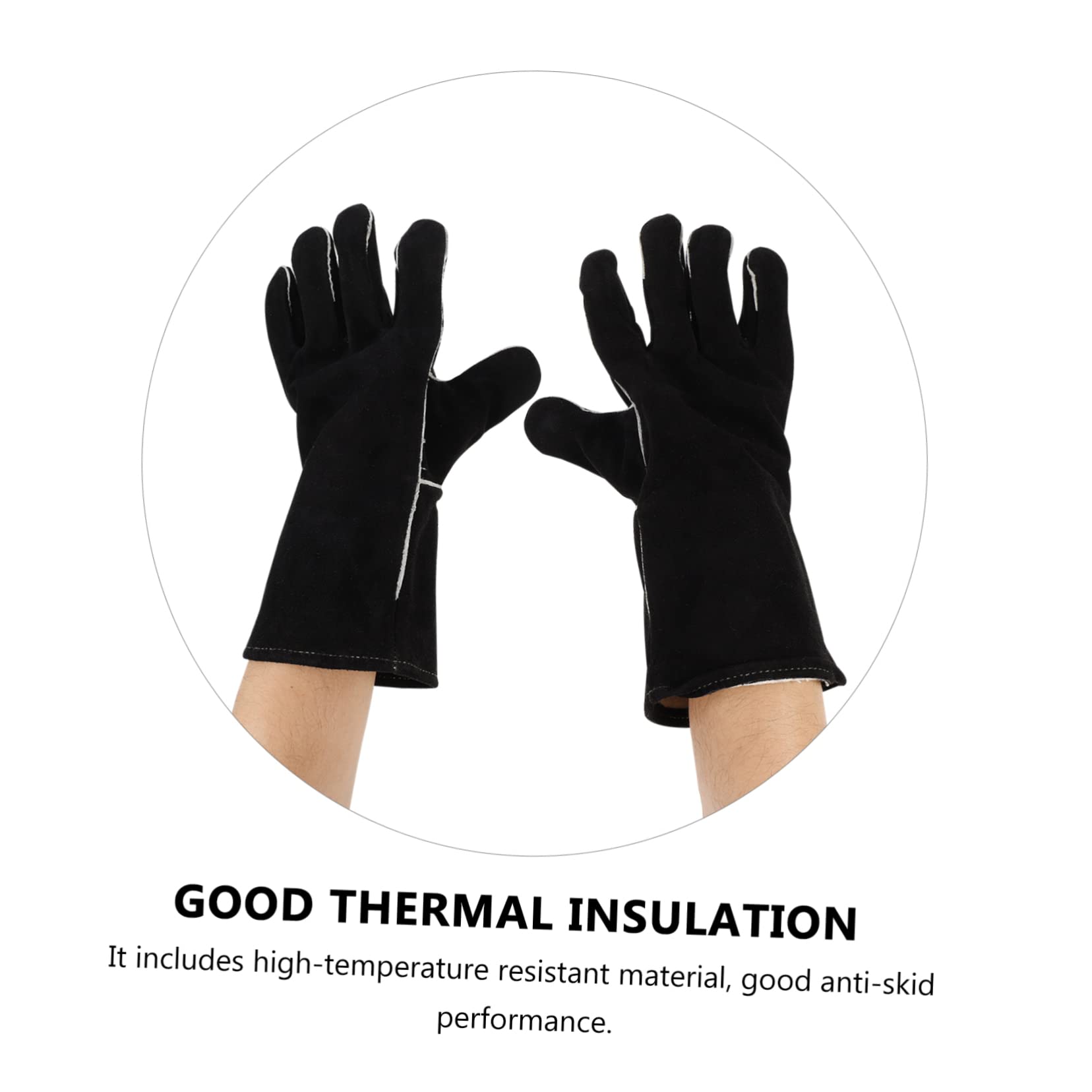 Guanti per Barbecue Anticalore in Pelle Bovina Nera, Design a 5 Dita, Protezione Completa e Presa Antiscivolo per Campeggio e Casa