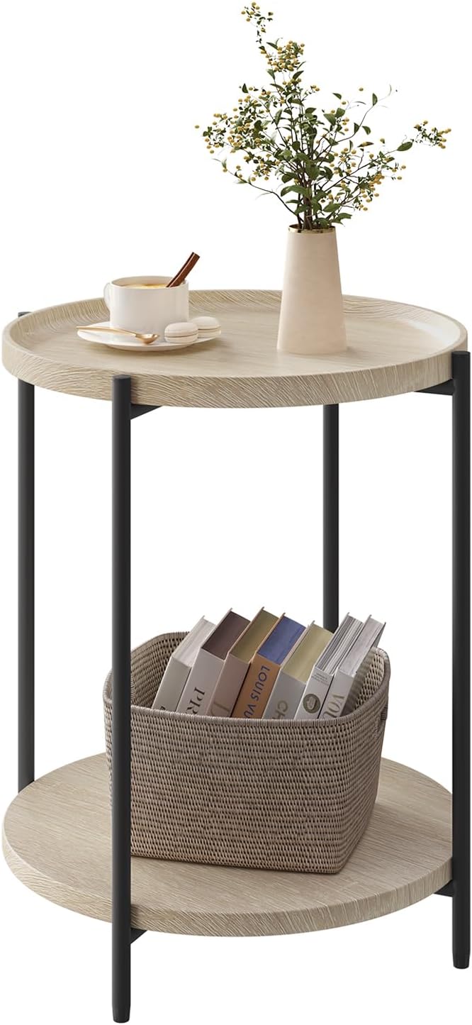 WOLTU Round Coffee Table, Small Side Table with 2 Shelves, for Living Room Bedroom, MDF + Metal, Light Oak, BTS06hei