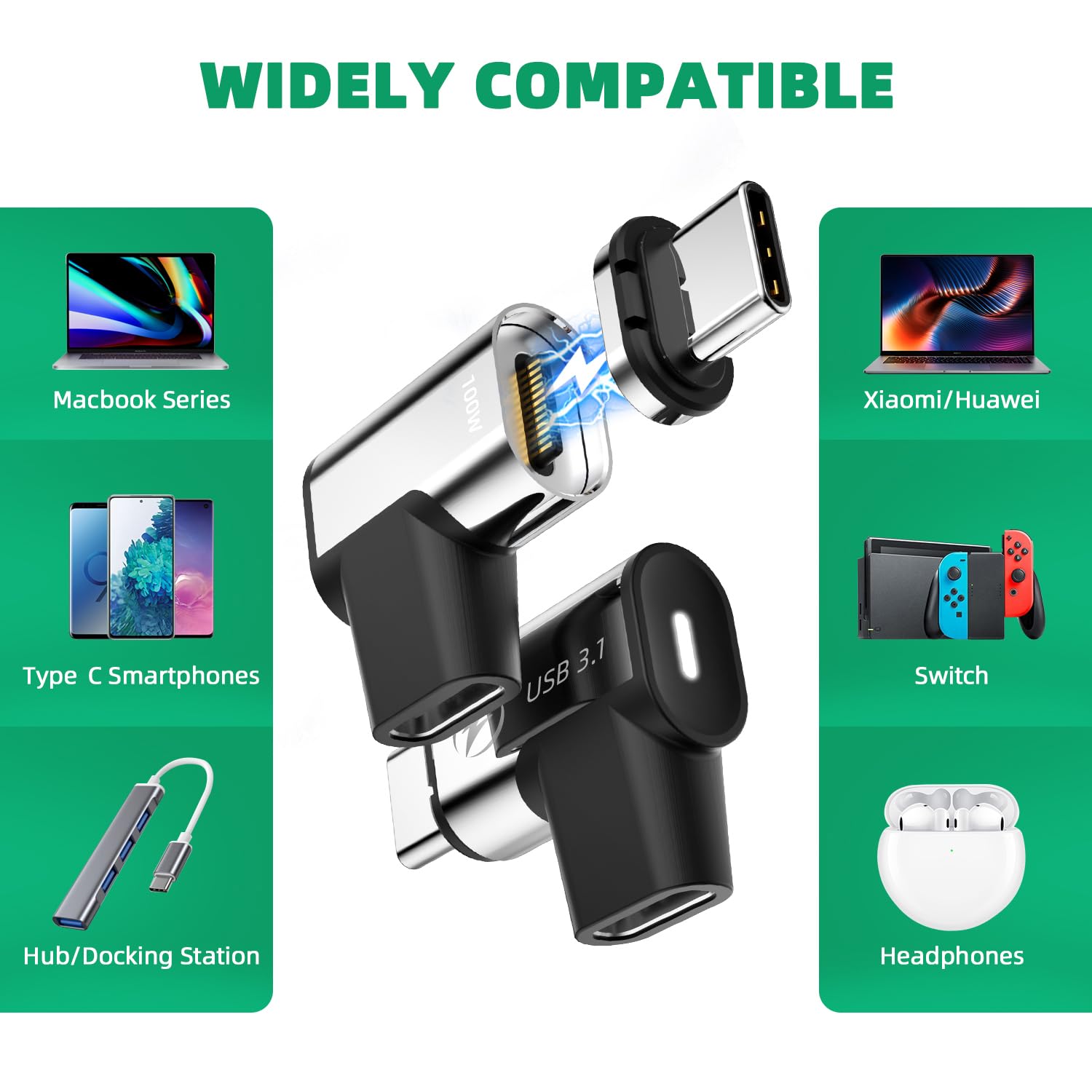 DuHeSin USB C Magnetic Adapter, (2 Pack) Magnetic USB C Adapter, 24Pins USB3.1 10Gbps Data Transfer 4K 60Hz Video PD 100w Charge Compatible with MacBook Pro/Air USBC Laptop