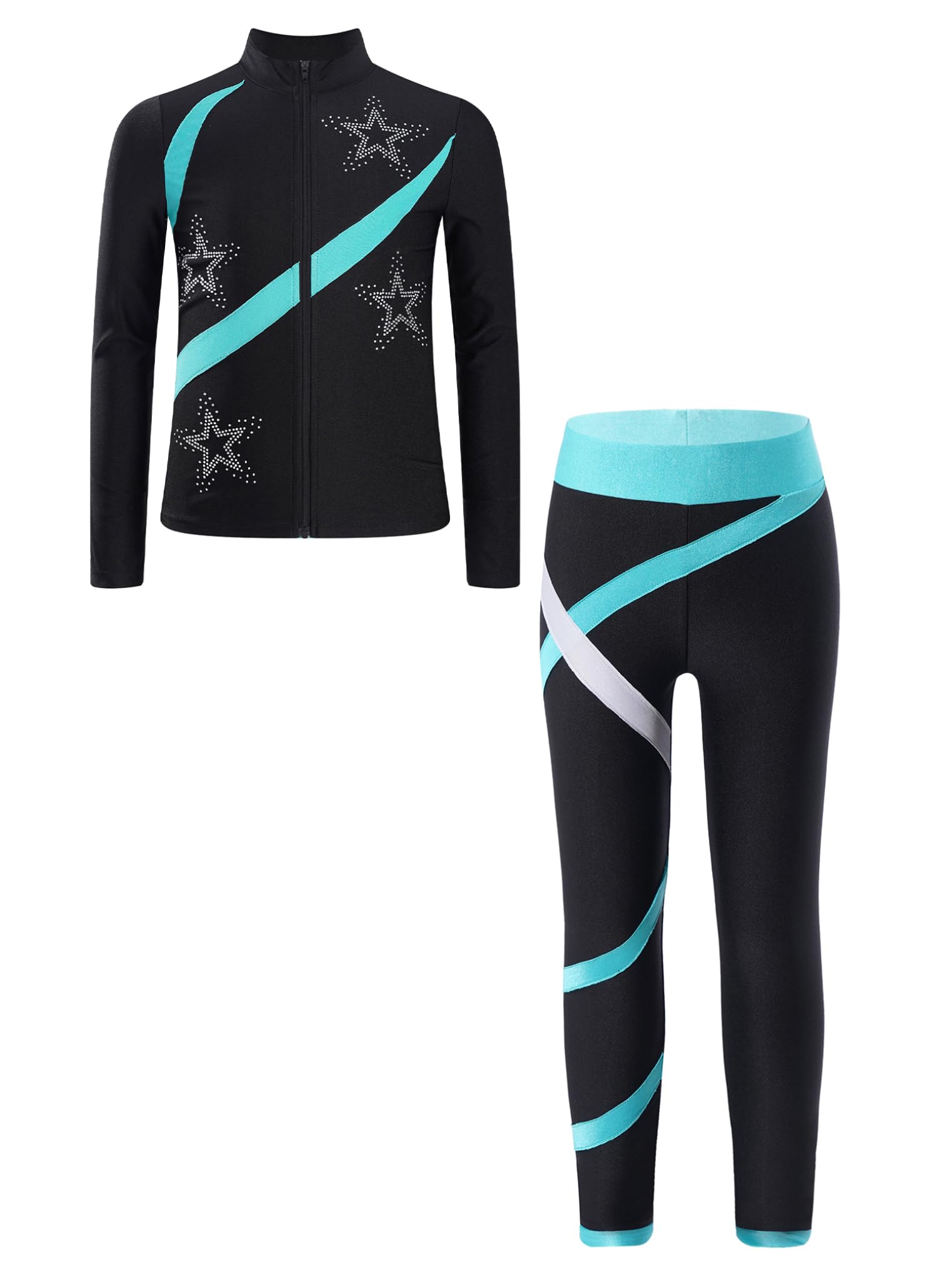 Freebily Kinder Trainingsanzüg Mädchen Eiskunstlauf Anzug Jacke Leggings Set Mit Strass-Stern Und Patchwork Eislaufen Sport Sweatsuit Tanzanzug Blaugrün 134-140