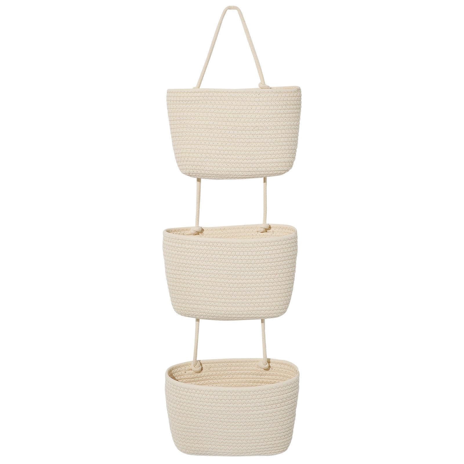 Panier de rangement mural suspendu à 3 niveaux en coton beige style minimaliste