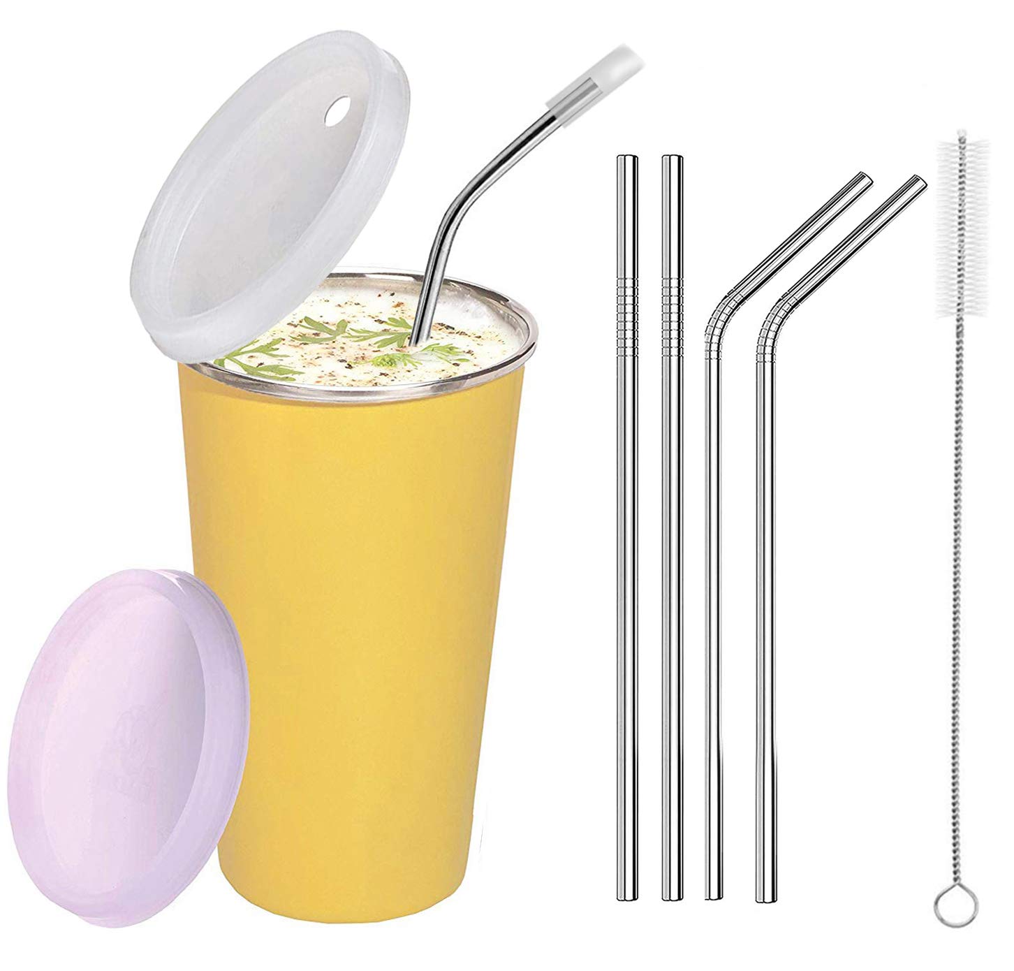PARABRAHMA Stainless Steel Baby Sipper for Kids with Straw Glass for Kids for Milk Steel Straw Glass for Adults with Lid, 2 Bend Straw, 2 Straight Straw, 1 Straw Cleaning Brush (300 ml) (Yellow)-image-11