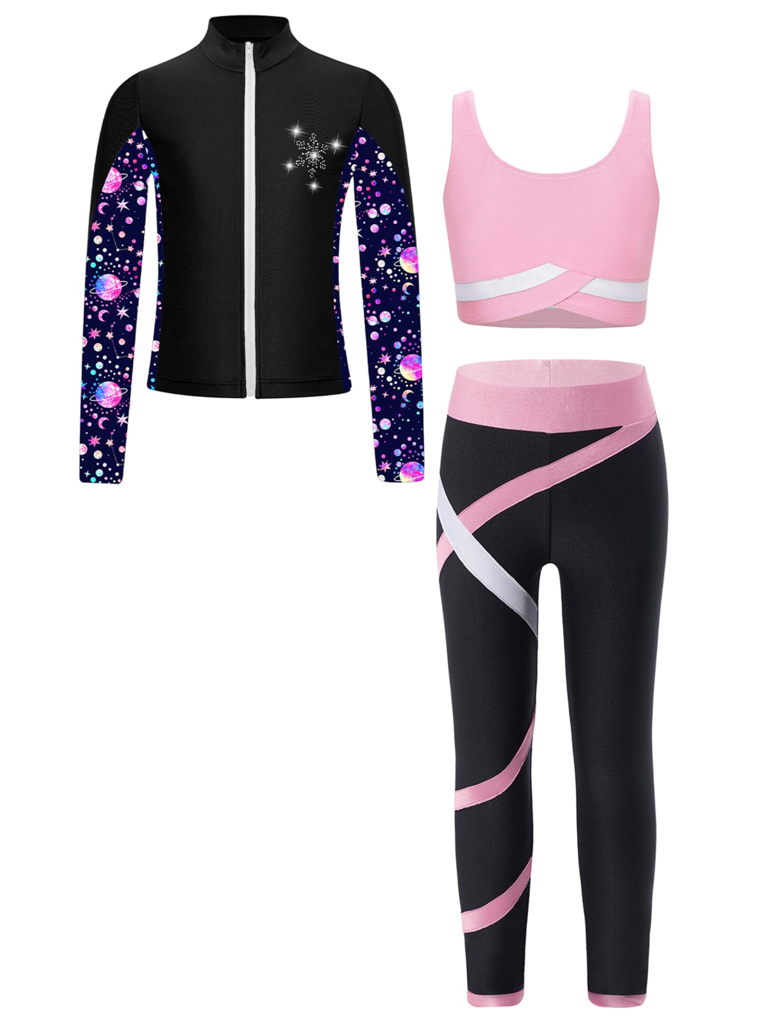 Enfant Fille Ensemble Sport 3 Pièce Survêtement Veste Débardeur Legging Gym Tenue Gymnastique Patinage Artistique Danse Entraînement 5-16 Ans