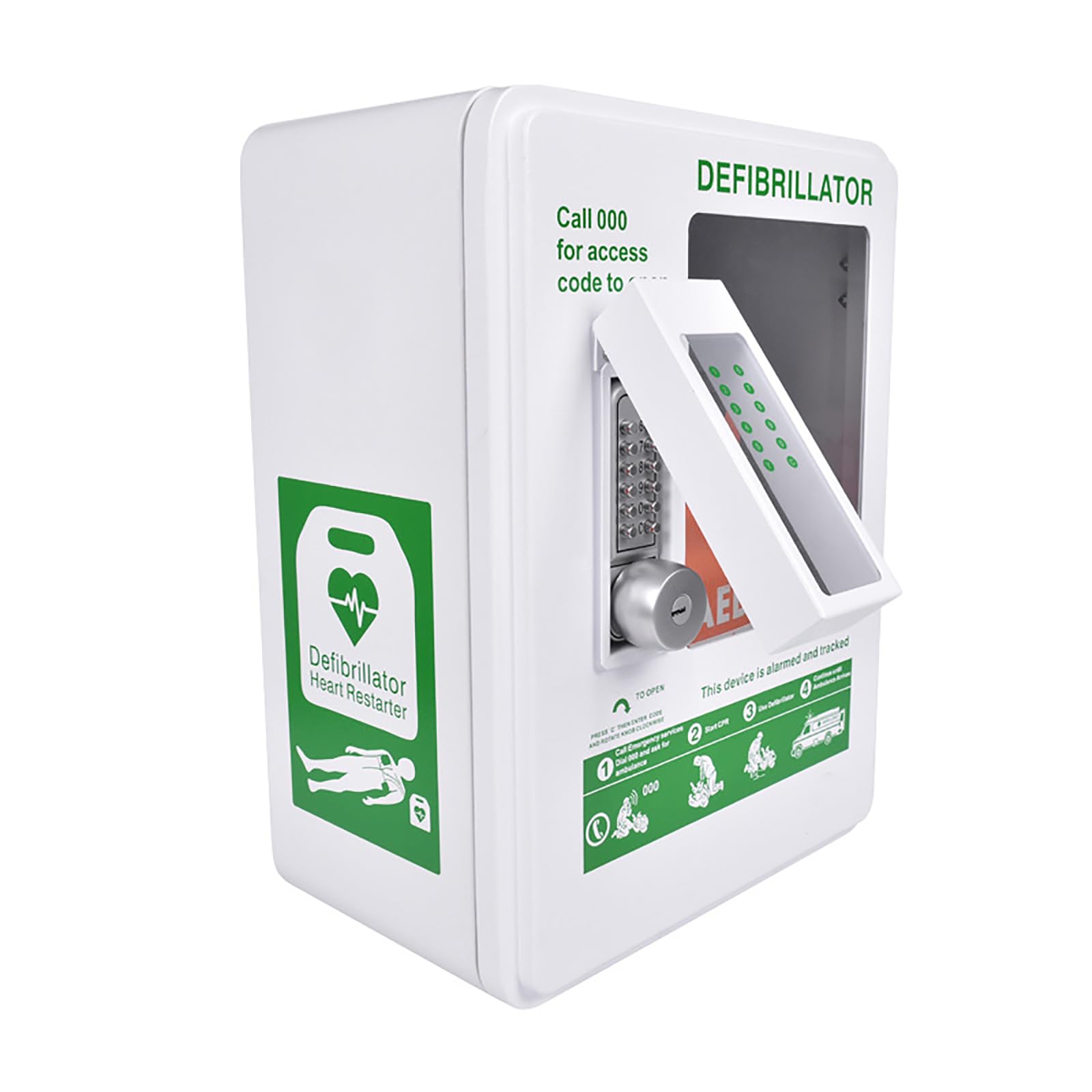 AED Aufbewahrungsschrank mit Temperaturkontrollsystem und Passwortsperre, wasserdichtes und korrosionsbeständiges Design, kompatibel mit mehreren AED-Modellen