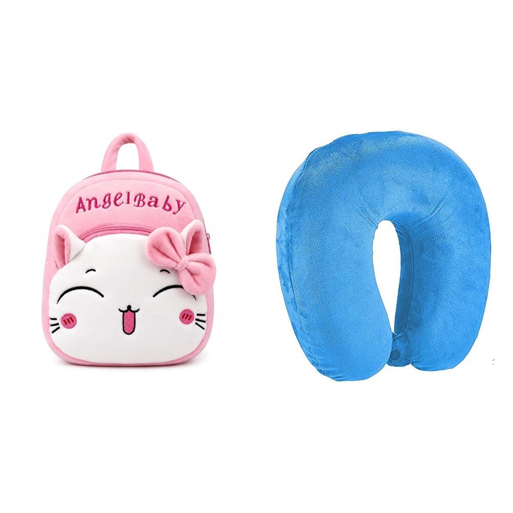 cute kids backpack toddler bag | plush animal cartoon mini travel bag for baby girl & boy + premium fabric neck pillow, unisex u-shaped micro fibre soft cushions comfortable head rest