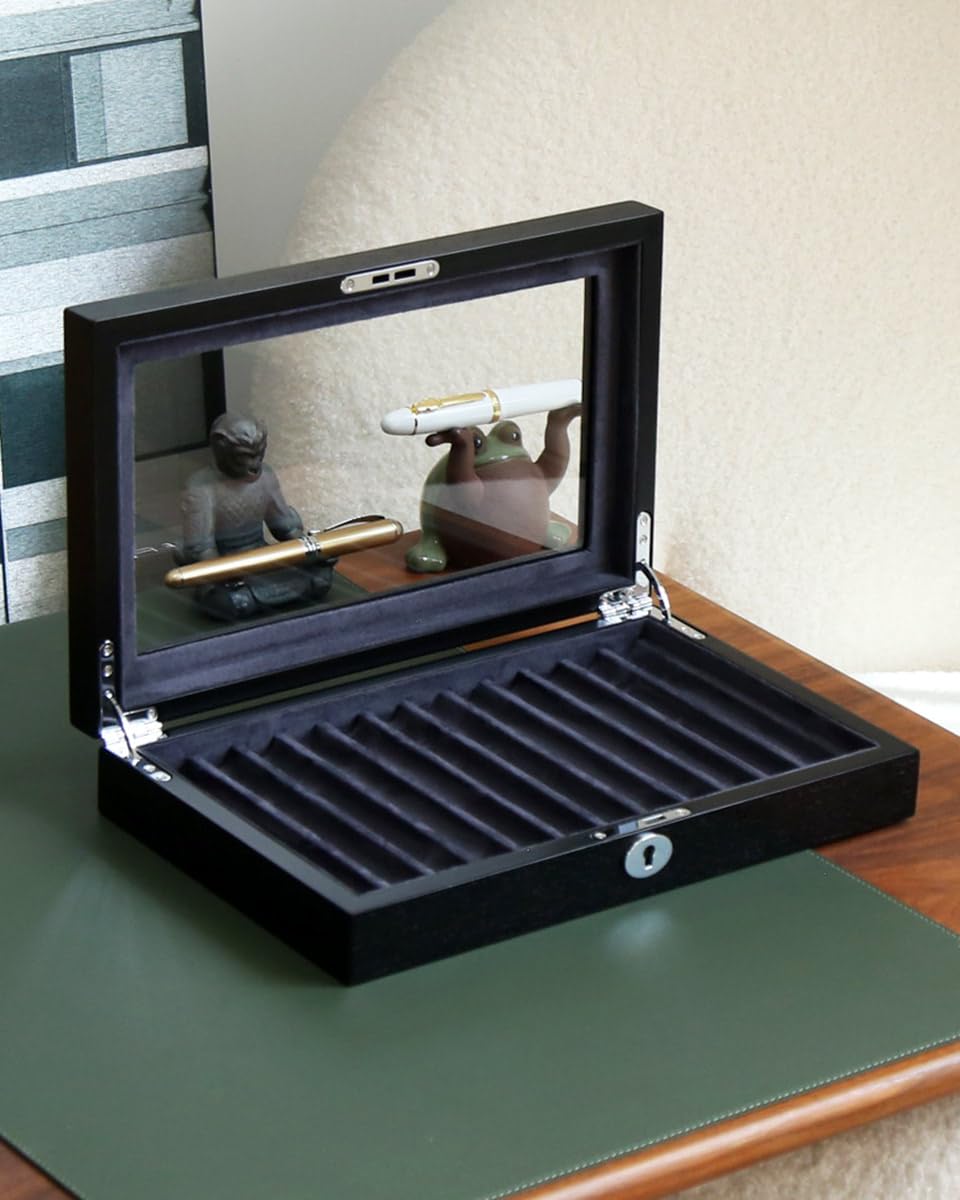 Stiftvitrine aus Holz mit 12 Stiften, Füllfederhalter-Präsentationsbox, abschließbare Stift-Aufbewahrungsbox mit Glasplatte, Stiftebox, Organizer, Stiftsammlungs-Vitrine (schwarz mit grauem