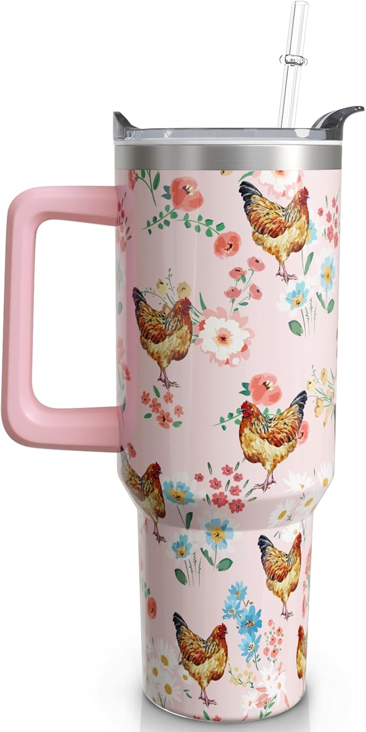 40 oz Chicken Tumbler with Handle and Straw, Rooster Stainless Steel Vacuum Insulated Travel Coffee Mug Cup Water Bottle, Chicken Stuff Accessories Decor, Rooster Gifts for Women Girls