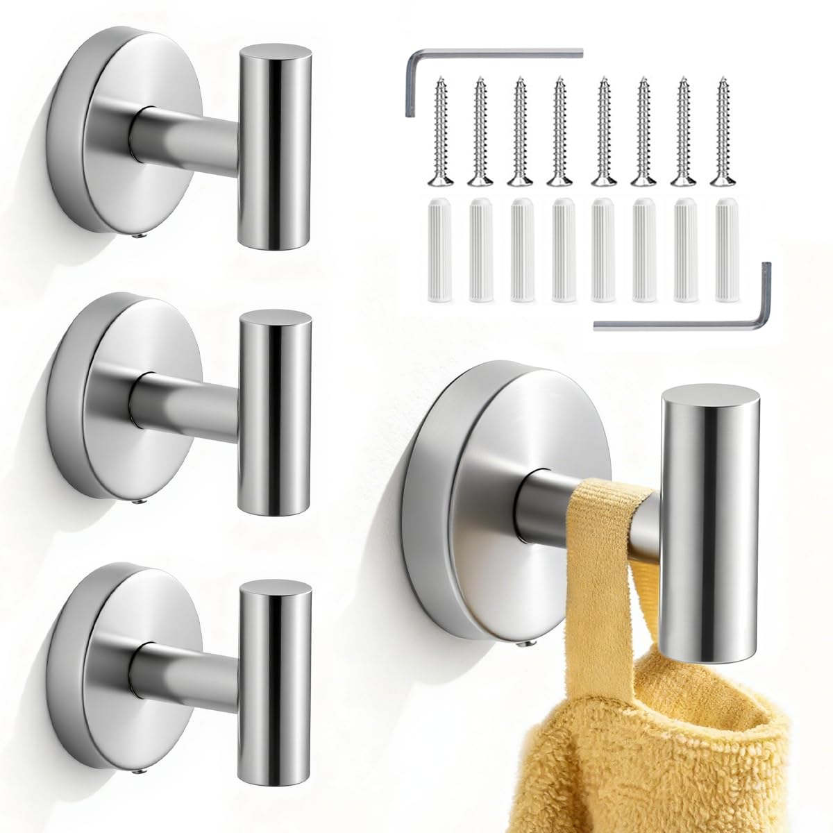 Drenky Bathroom Door Hook for Hanging Heavy Duty, 4 Pack Towel Hooks Silver Wall Hooks Screw in 304 Stainless Steel Metal for Towel, Coat, Robe, Clothes