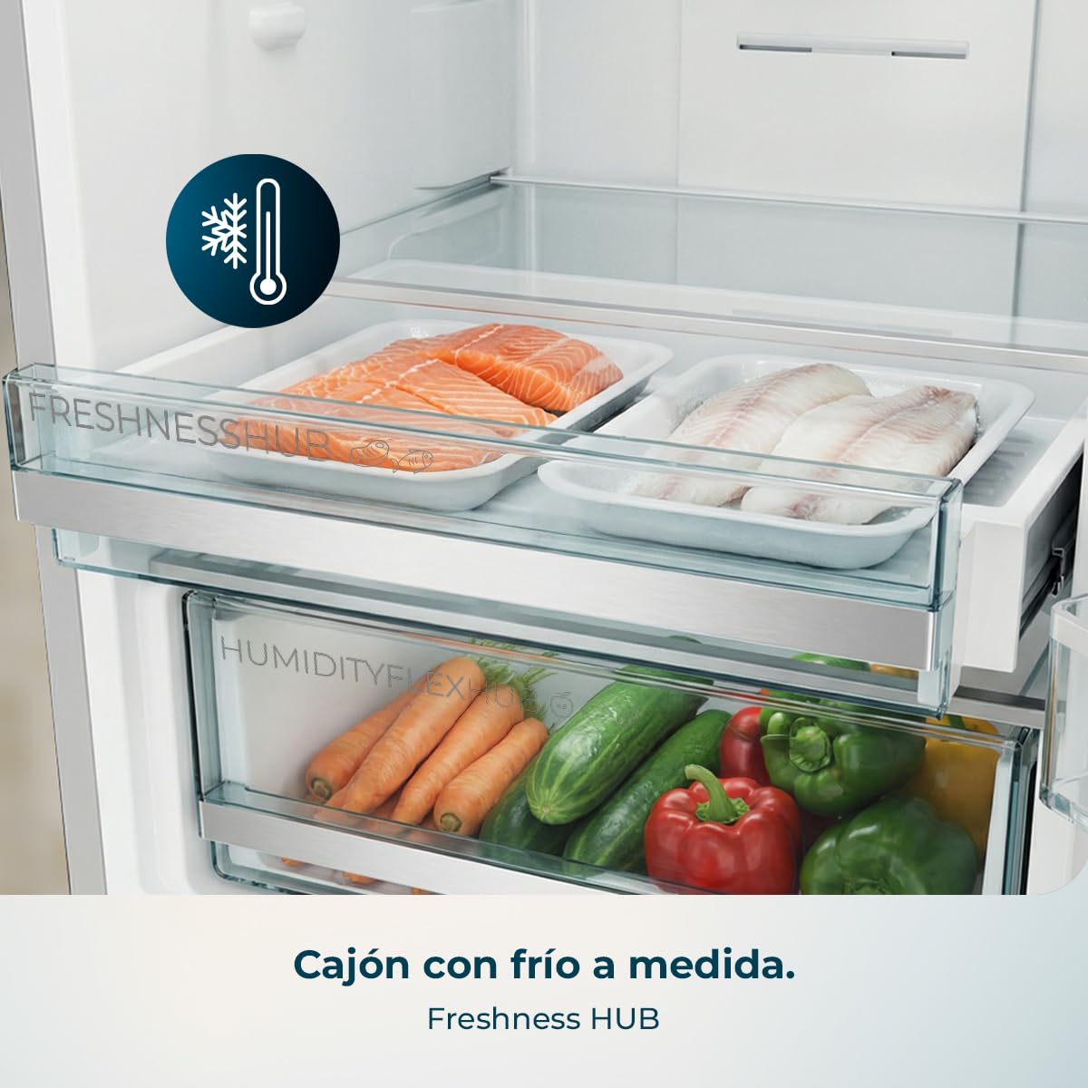 Cecotec Frigorífico Combi 356L Total NoFrost Bolero CoolMarket Combi 356i Inox D. Alto 200cm, Ancho 59,5cm, Fast Freezing, FreshnessFlex HUB, HumidityFlex HUB, Luz LED y Display Interior