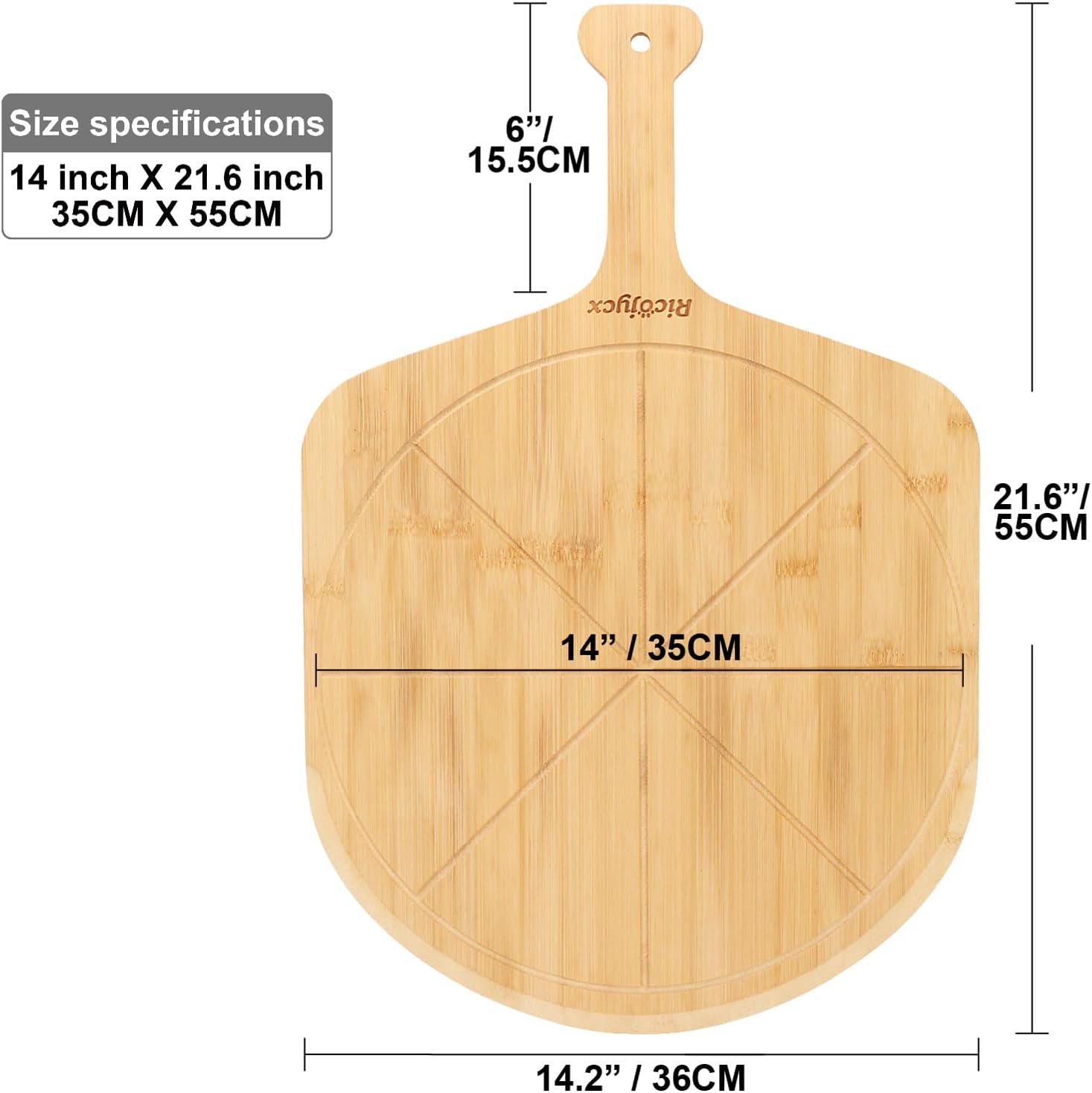 14 inch Natural Bamboo Pizza Peel Set of 2, Double-Sided Use Pizza Cutting Board with 8 Slice Grooves for Pizza, Bread, Cheese, Vegetable, Fruits