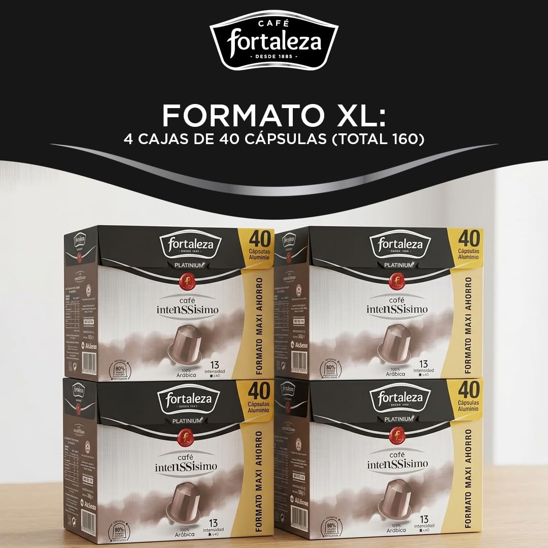 CAFÉ FORTALEZA Platinium Cápsulas Compatibles Nespresso Intenssisimo Pack 4x40, Total 160 uds - 100% Arábica - Café Espresso Tueste Oscuro con Cuerpo Denso - Intensidad 13/13 - Desayuno o Sobremesa