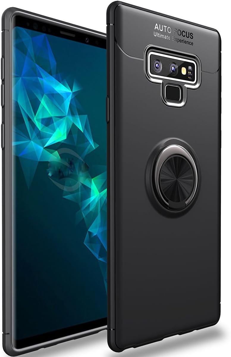 Galaxy Note 9 Case,WATACHE Slim Fit Heavy Duty Soft TPU Case with Metal Finger Ring Grip Holder Kickstand [Support Magnetic Car Mount] for Galaxy Note 9(Black)