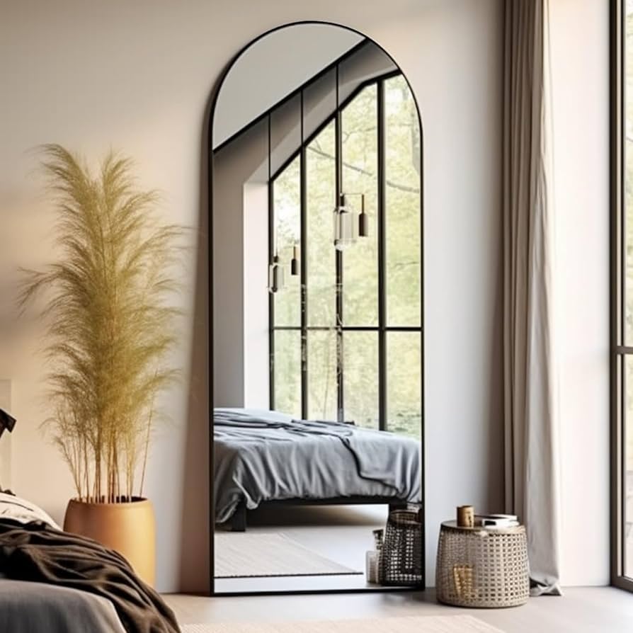 Floor Mirror, 58"×18" Arched Full Length Mirror Arched with Stand, Standing Mirror, Full Body Mirror, Large Mirror, Arched Wall Mirror, Freestanding, Aluminum Frame - Black