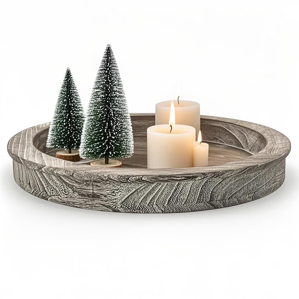 Decorative Wood Serving Tray,11-inches Round Gray Brown for Home Decor Living Rooms Kitchens Cafes