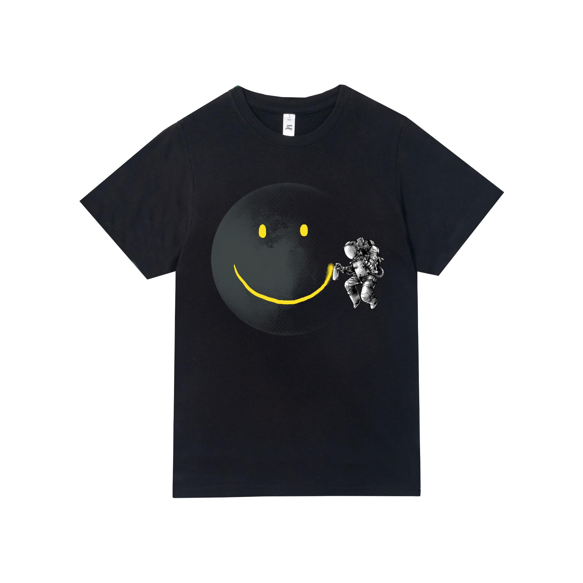 Pampling Kids’ Unisex T-Shirt for Boys and Girls, Short Sleeve 100% Cotton, Soft and Breathable Clothing with Original Designs, Screen Printed, Colour Black (Make A Smile, XL)