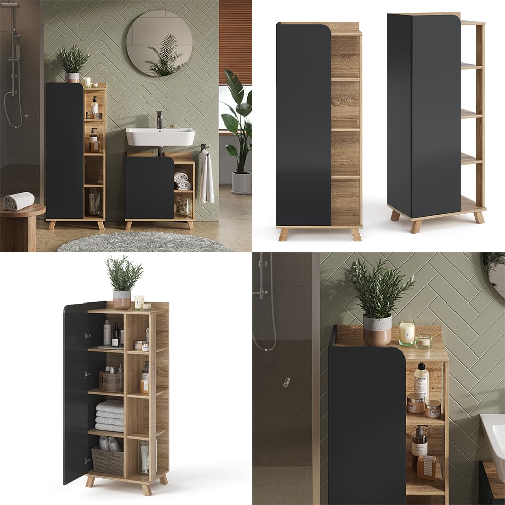 Vicco Mueble Midi Karen, Sonoma/Antracita, 50 x 128 cm con Puerta y Compartimentos Abiertos, para Guardar artículos de baño y Toallas