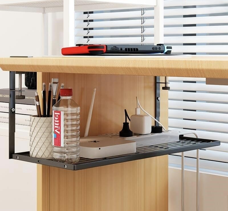 20'' Large Size Under Desk Cable Management Tray No Drill, Large Capacity Desk Wire Organizer Rack, Sturdy Metal Under Desk Cord Management with Clamp for Offices and Home