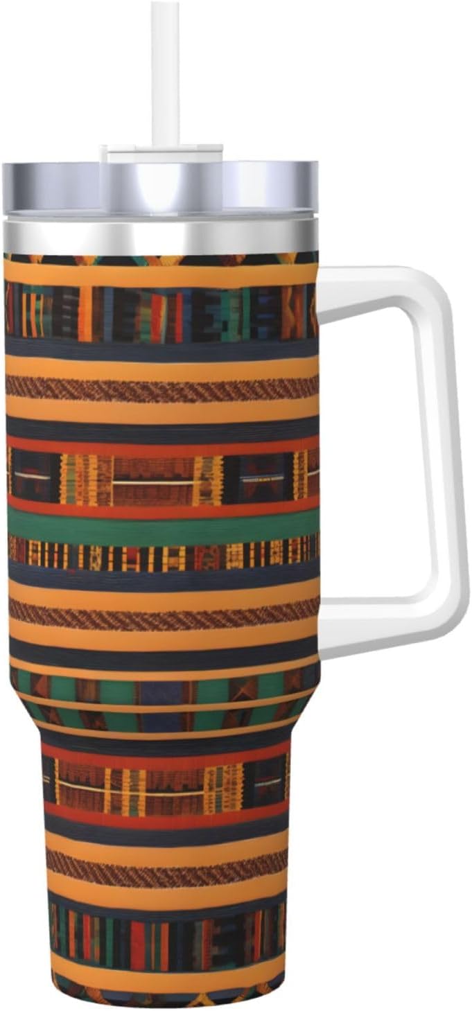 40 OZ african weaving Print Ice Bully Cup with Handle Straw Lid Straw,Stainless Steel Tumbler Coffee Cup