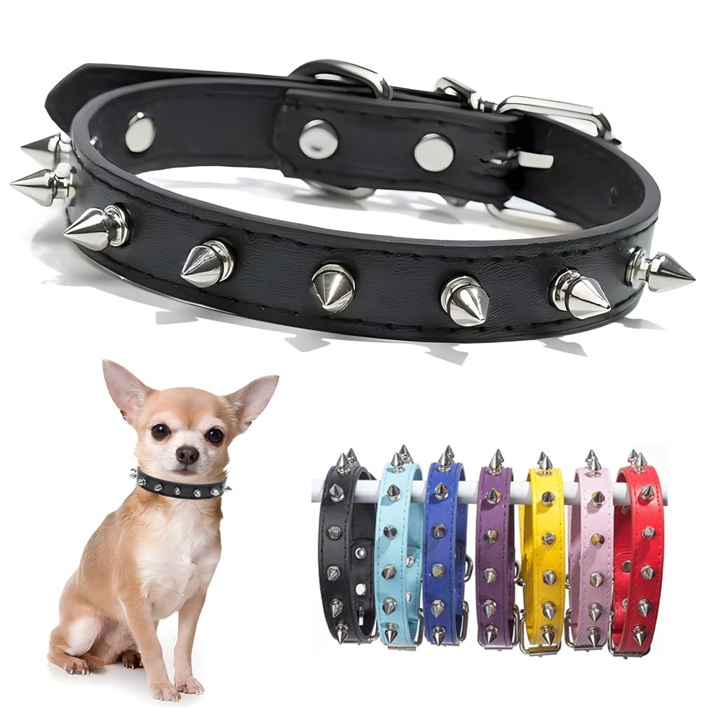Collar de perro con pinchos negros de piel sintética con remaches para cachorros, collares para gatitos y gatos, hebilla ajustable para mascotas pequeñas, medianas y grandes, como chihuahua, bulldog