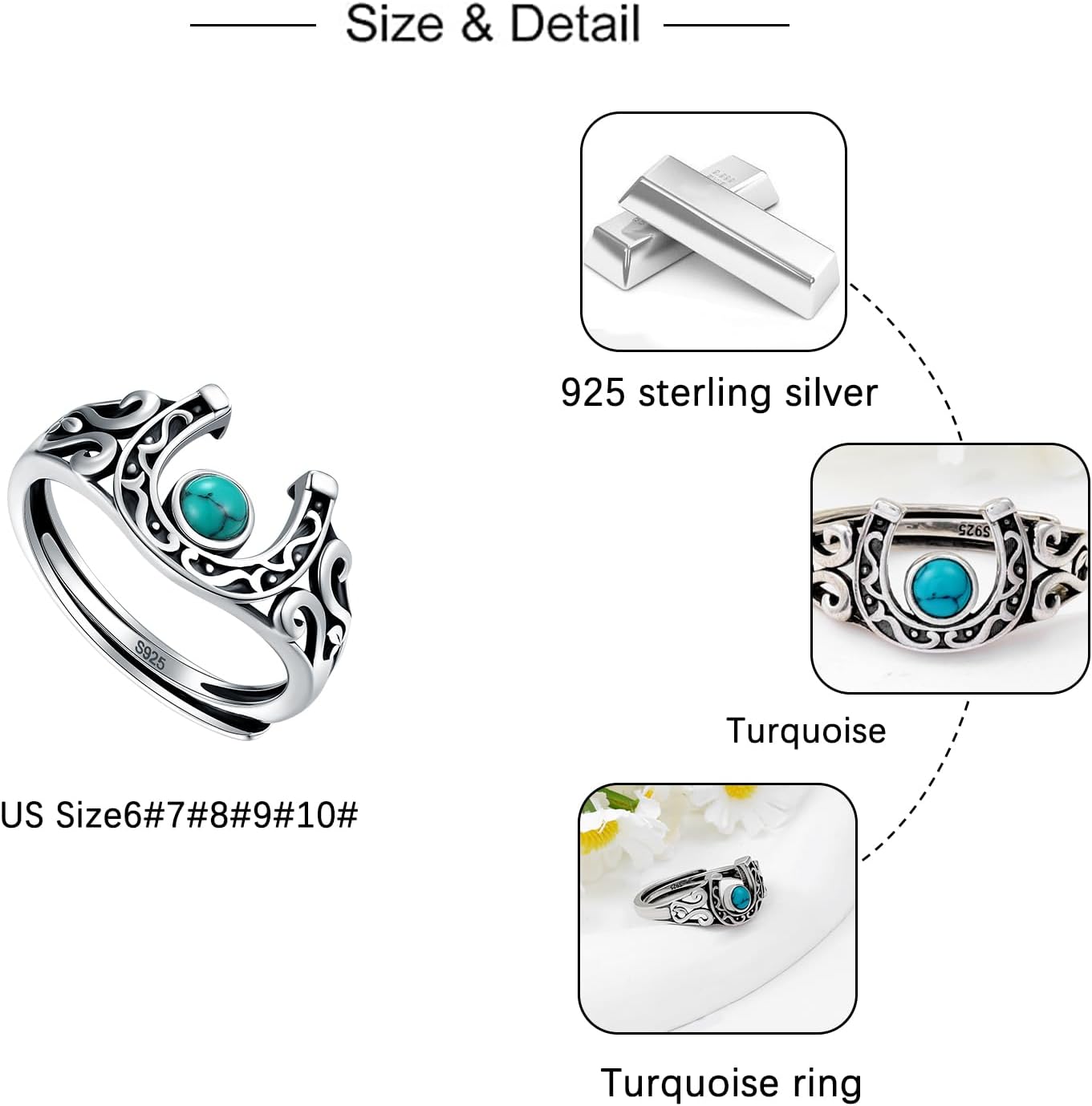 Horseshoe Turquoise Ring for Women - 925 Sterling Silver Western Horse Thumb Ring Jewelry Turquoise Gift Cowgirl Cowboy Ajustable Size