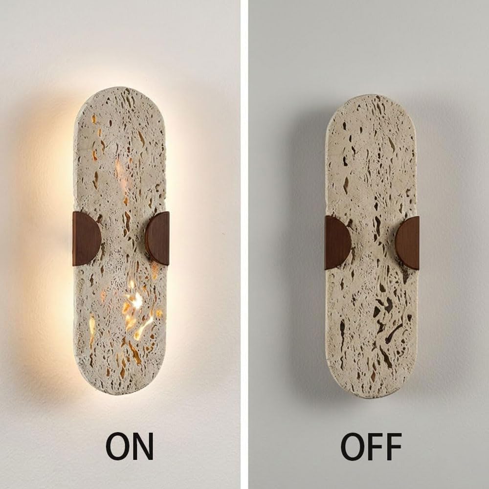 Applique da Parete in Stile Industriale, Ovale da 35 cm (13,7 Pollici) in travertino Giallo, Sorgente Luminosa G9, Lampada da Parete in Pietra Naturale, apparecchi di Illuminazione Decorativi