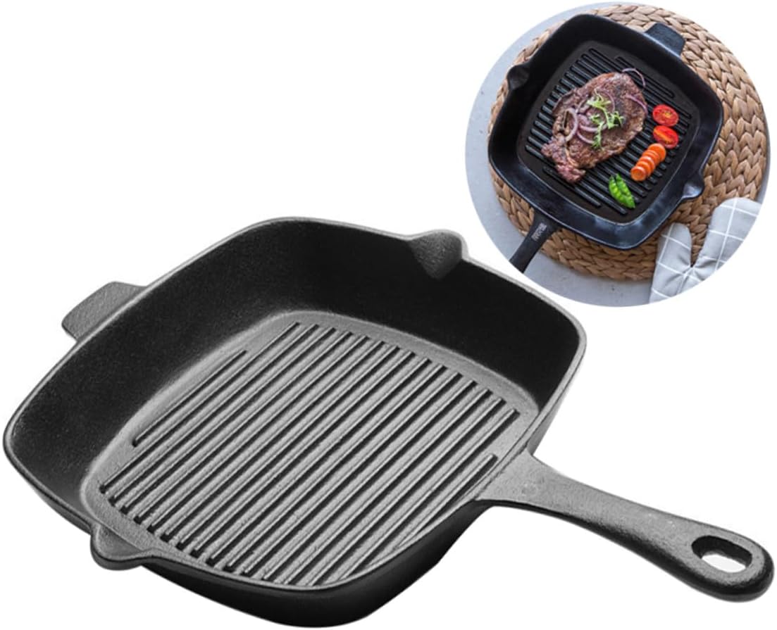 Zerodeko Nonstick Cast Iron Steak Frying Pan 26cm Square Grill Pan for Electric and Gas Stoves Versatile Cooking Skillet for Indoor Use