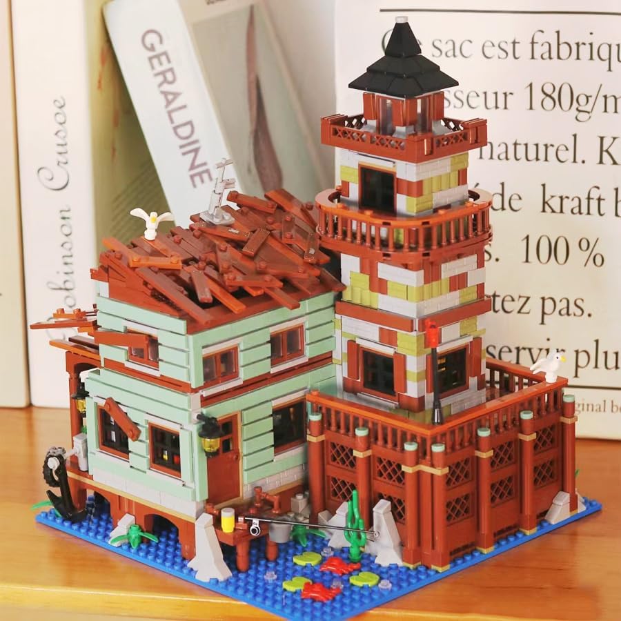 Miniatura 6 de 1881 piezas de bloques de construcción de cabaña de pueblo pesquero con iluminación LED, ideales creativos, juegos de construcción de arquitectura