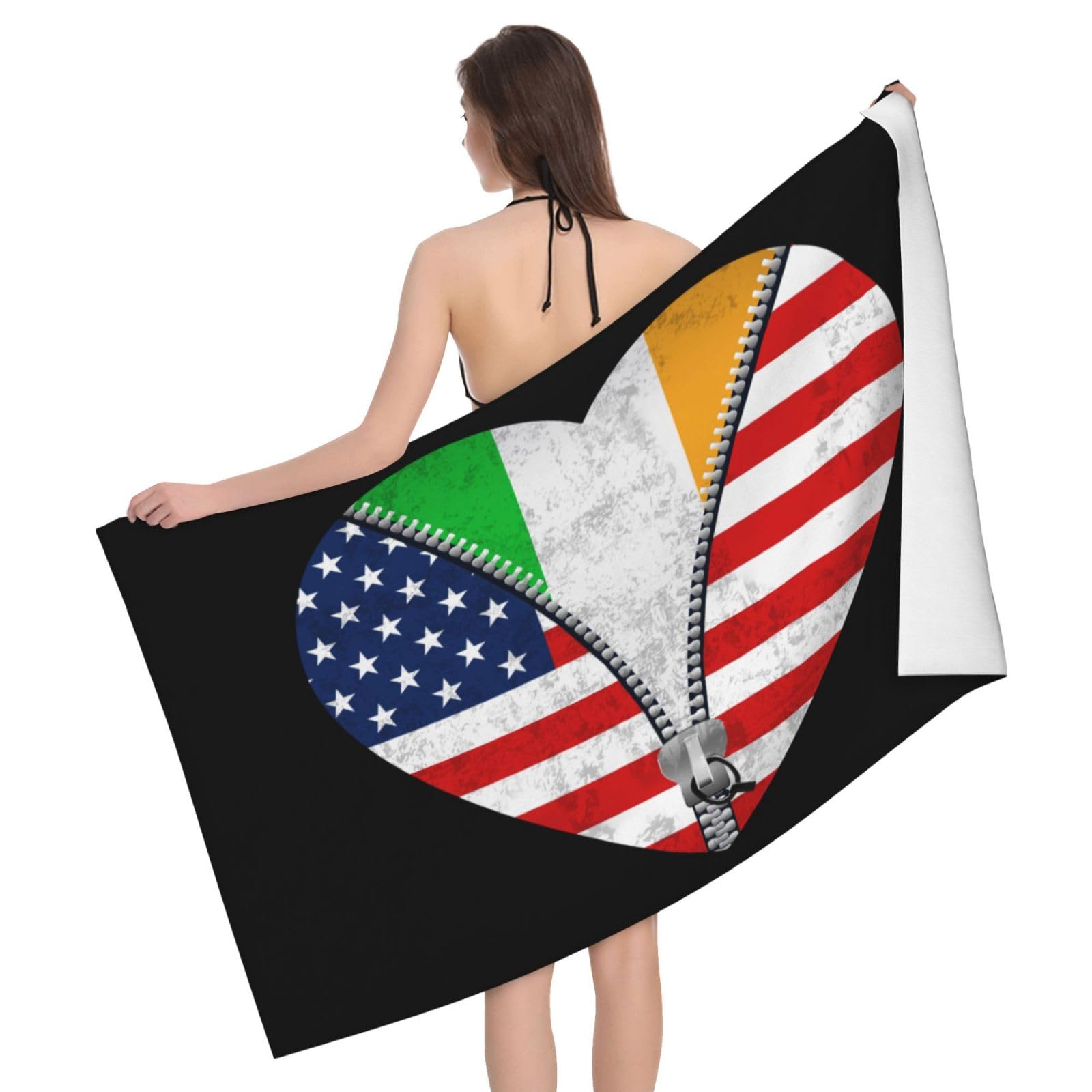 HLBSDM Microfiber Heart America Flag and Irish Flag Beach Towel Quick Dry Soft Sand Free Beach Towels for Pool Swim Beach Lightweight Thin Towels