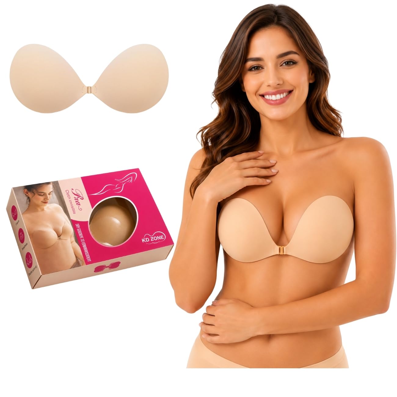 kd zone Women's & Girl's Strapless Push Up Wire Free Stick On Invisible Bra (Sizes 28 to 36) Off White and Black-picture-13