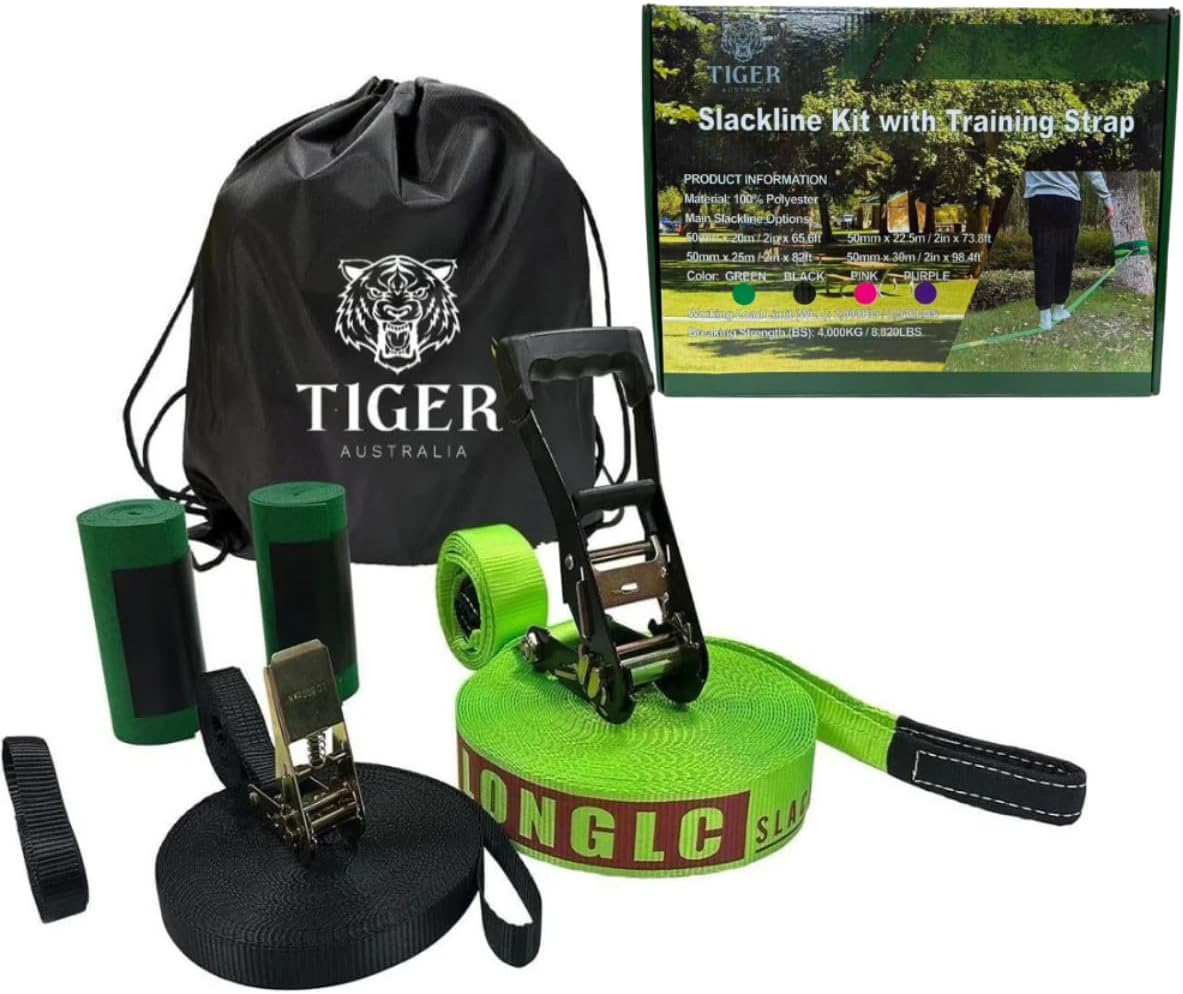 Slackline Kit 50mmx22.5 m with Training Line, Ratchet, Tree Protectors and Bag – Complete Balance Training Set for Backyard or Outdoor Fun