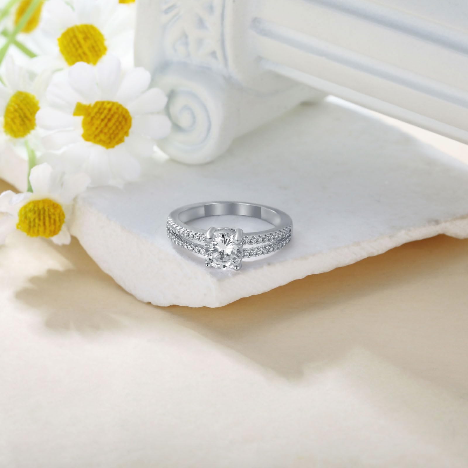 Damen Verlobungsring 925 Sterling Silber Eheringe Frauen Ringe 1ct Brillantschliff 5A Zirkonia Personalisierte individuelle Gravur Ring Verlobung Hochzeit Geschenk