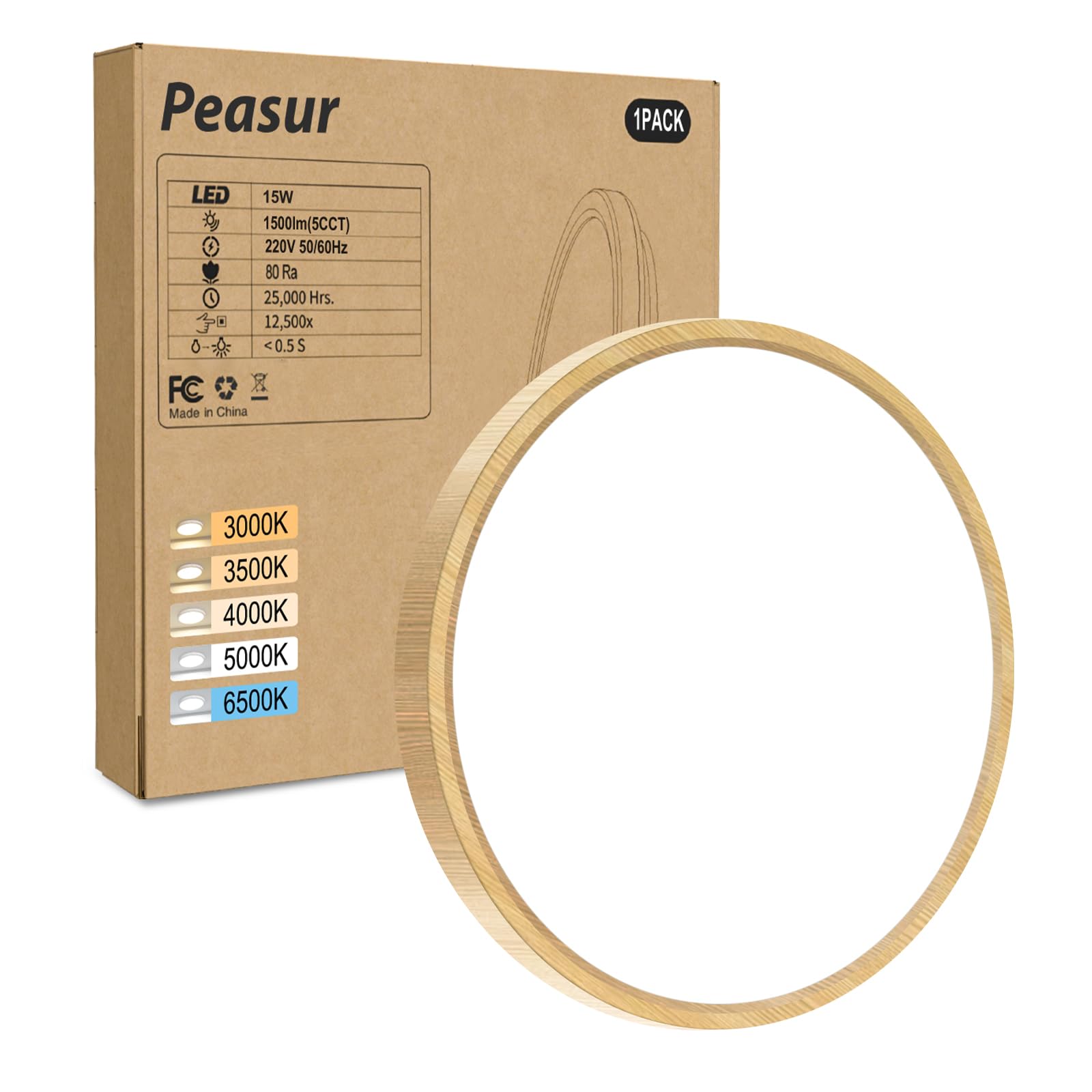 Peasur Holz Deckenlampe LED Deckenleuchte Flach,5Farben-3000/3500/4000/5000/6500K,IP54 Wasserfest Badezimmer Lampe Decke,18W Modern Rund Lampe für bad flur schlafzimmer Wohnzimmer,18 * 1.6cm