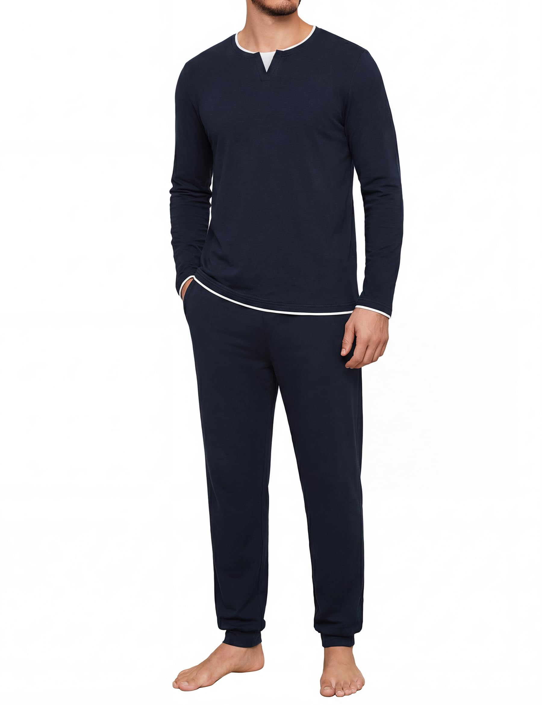 Pijama Hombre Invierno Algodón Manga Larga con Cuello Redondo Diseño de Escote con Efecto de Capas Conjunto de Dormir Cómodo para Casa