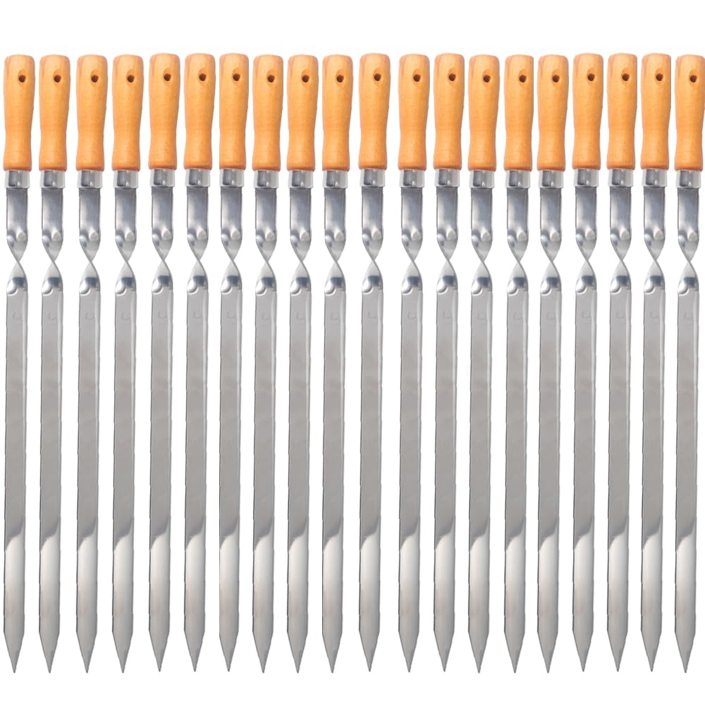 ZMC 20 spiedini per kebab da 55 cm, in acciaio inox, 2 cm di larghezza, 2 mm di spessore, con manico in legno, antiruggine, per carne, verdure, pesce, stabili e riutilizzabili per barbecue e barbecue