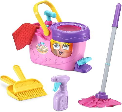 LeapFrog Clean Sweep Learning Caddy, juego de juguetes de limpieza para trapeador y escoba para niños de 3 a 5 años, color rosa