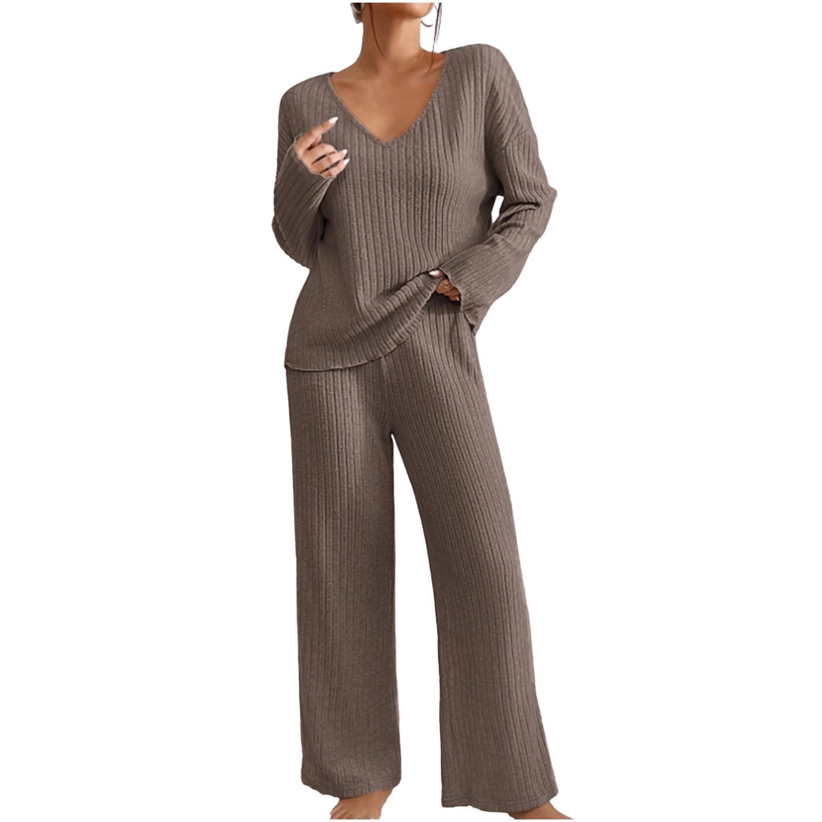 ZeiayuasWomens Long Sleeve Loungewear Ladies Piece Co Ord Set Ribbed Knit  Tracksuit Sets V Neck Sweatshirt and Baggy Wide Leg Jogger Pant Suits