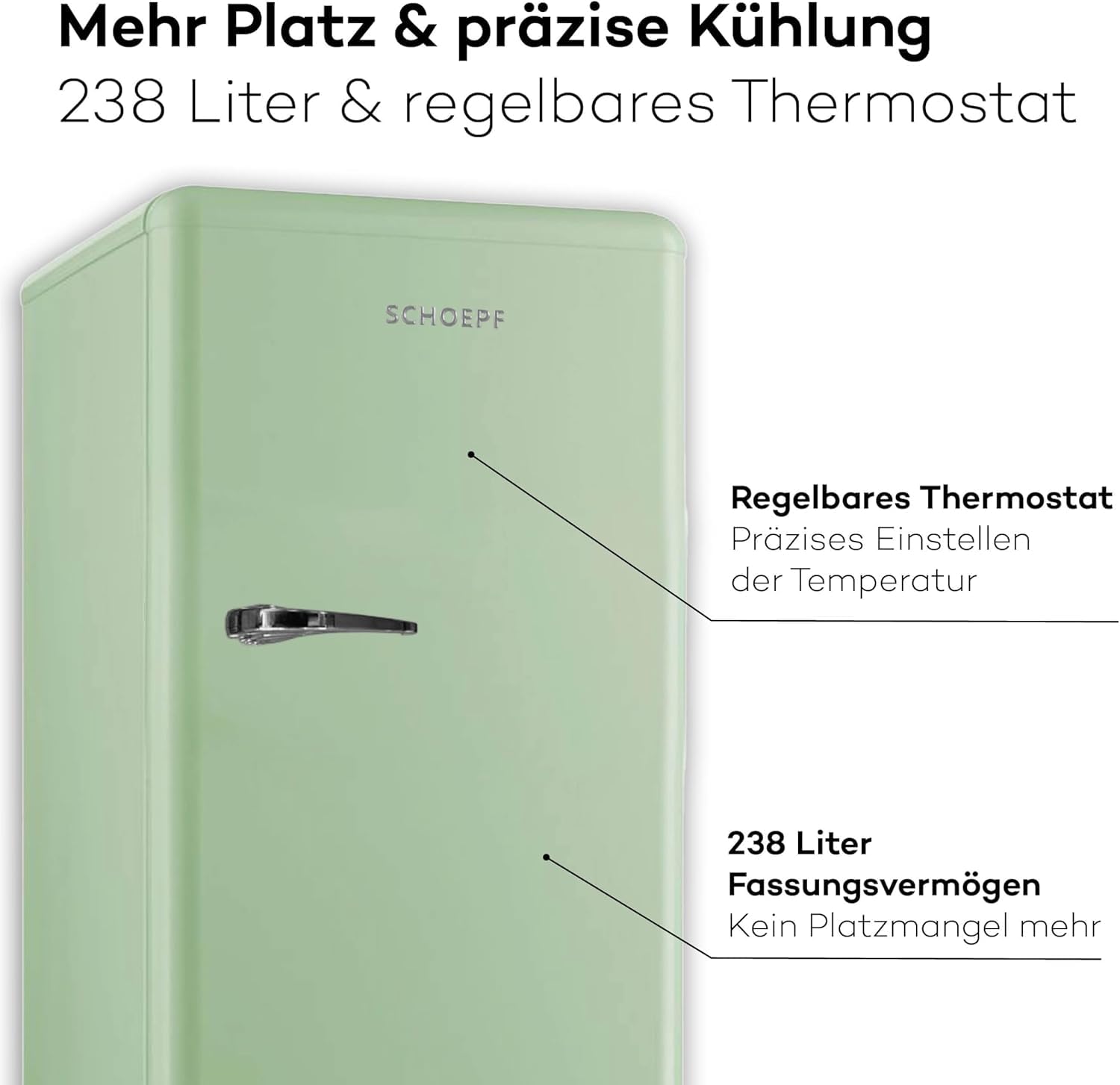 SCHOEPF – RKS245SGD Vollraum-Kühlschrank 145,6 cm – Retro Design – Grün – 238 L – LED-Beleuchtung – Höhenverst. Füße – 40 dB – Freistehend – Vintage Look - Getränkekühlschrank, Standardkühlschrank