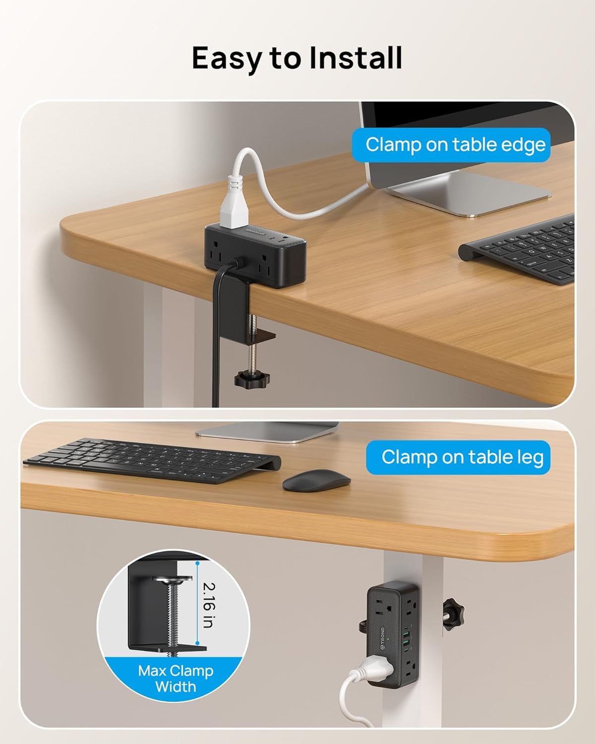 TROND Mehrfachkontakt-Steckdosenleiste für Tischclip, 3 m, flache Steckdose, Verlängerung mit 6 Ausgängen und 4 USB PD 20 W USB C Gesamt, Schnellladestation für Zuhause, Schlafzimmer, Büro