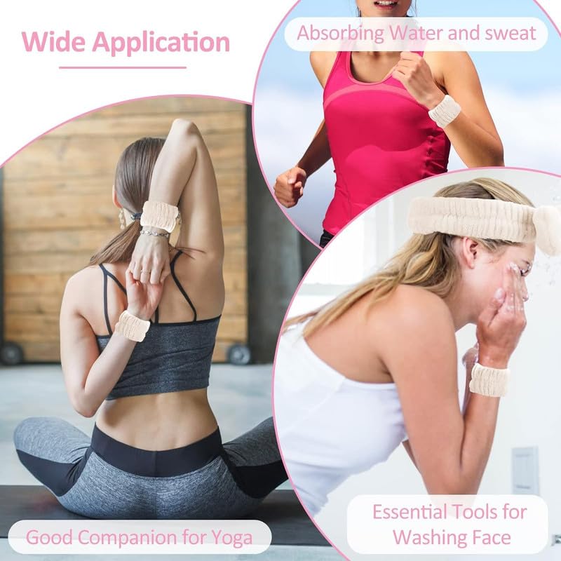 Feinerman 3 Pcs Women’s Headband & Wristband Set, Microfiber Skincare, Makeup Headband & Wrist Band Set for Face Washing, Spa, Facial Care, Soft and Elastic Bands for Face Wash & Skincare 4