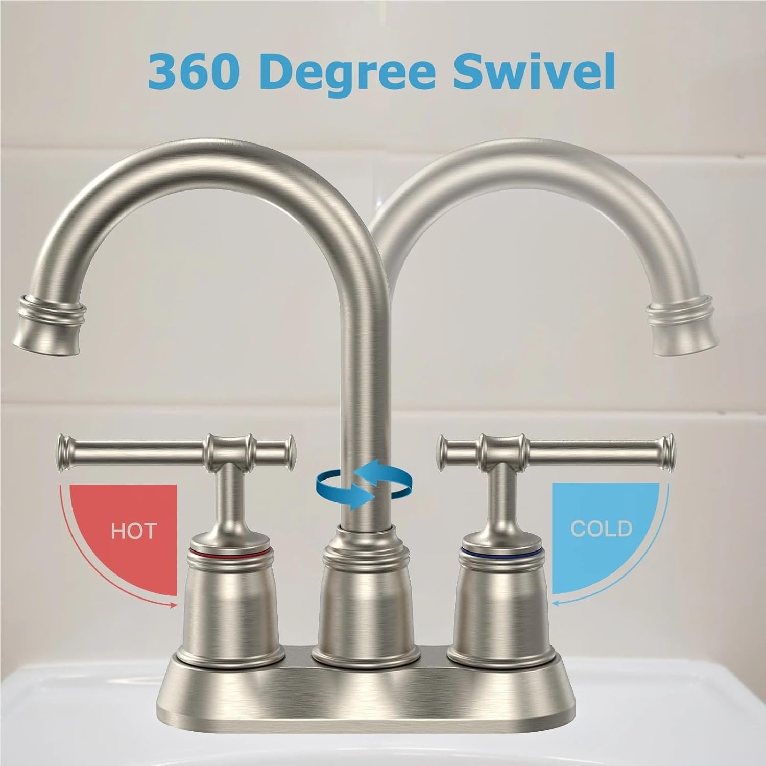 シンク用バスルーム蛇口 2穴＆3穴 4インチ 2ハンドル蛇口 ポップアップ排水口付き 360&deg;回転式吐水口 ブラッシュドニッケル