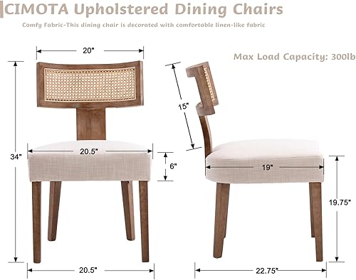 Miniatura 2 de CIMOTA Juego de 2 sillas de comedor tapizadas de ratán de mediados de siglo modernas sillas de cocina y comedor sillas laterales de lino sin brazos