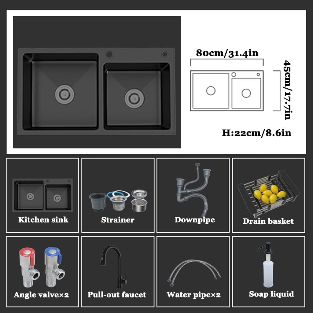 , Household Small S with Pull-Out Faucet Black, Bar Prep Household Small, 304 Stainless Steel Deep Double-Bowl Household Small