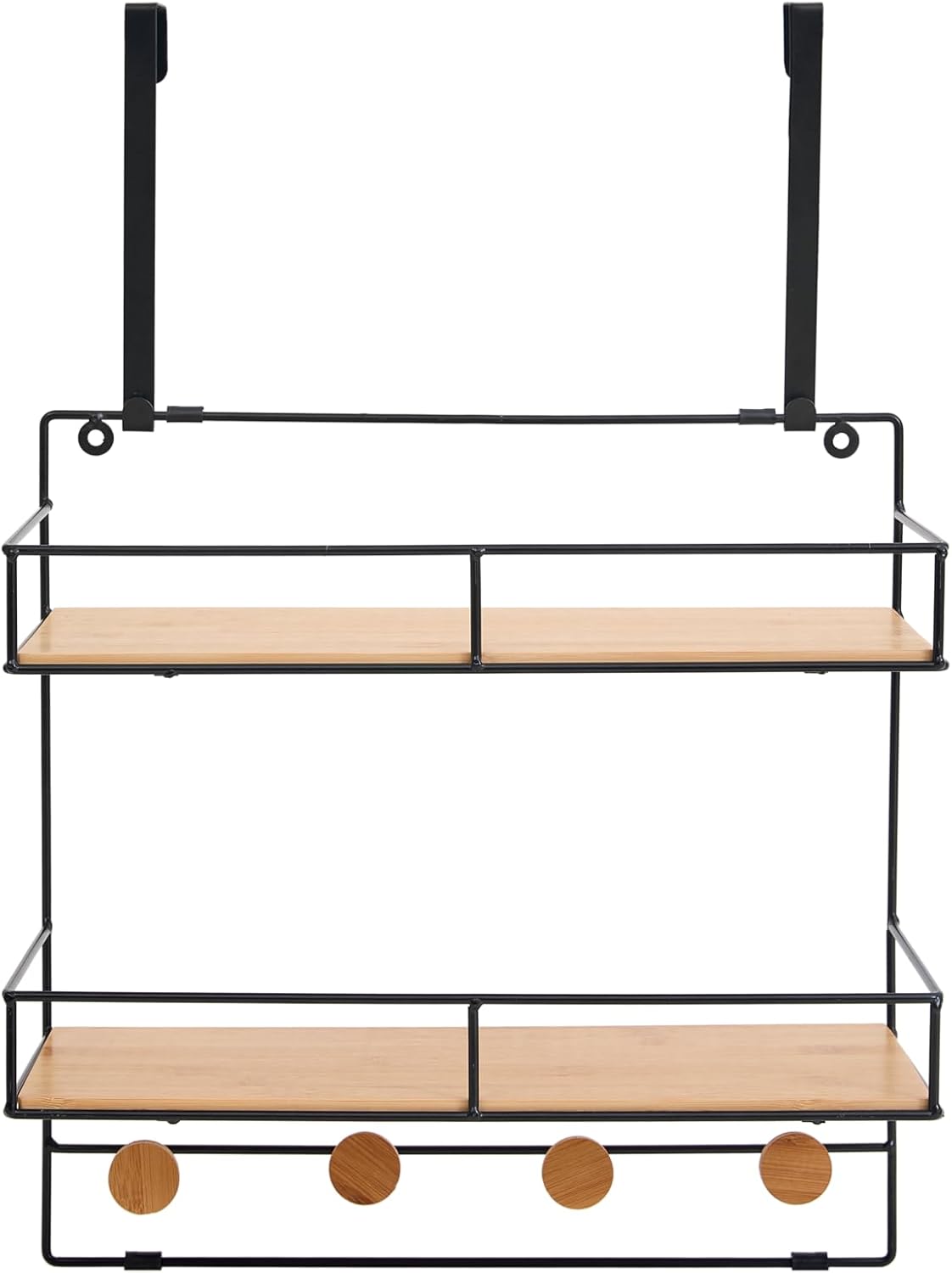 Over the Door Organizer with Hooks – 2-Tier Metal & Wood Hanging Shelf Rack for Bathroom, Kitchen, Bedroom – Storage for Towels, Toiletries, Skincare, Coats & Bags