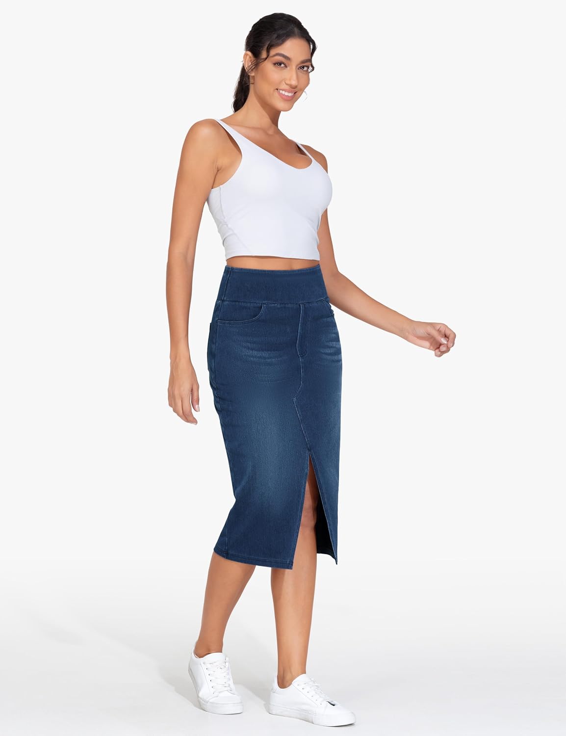 THE GYM PEOPLE Women's High Waisted Stretchy Jean Skirts Front Slit Midi Denim Skirt with Pockets - Image 6