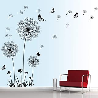 decalmile Dandelion Wall Decals Flying Flowers Butterflies Wall Stickers Dandelion Wall Art Living Room Bedroom Decor (Black) - coolthings.us