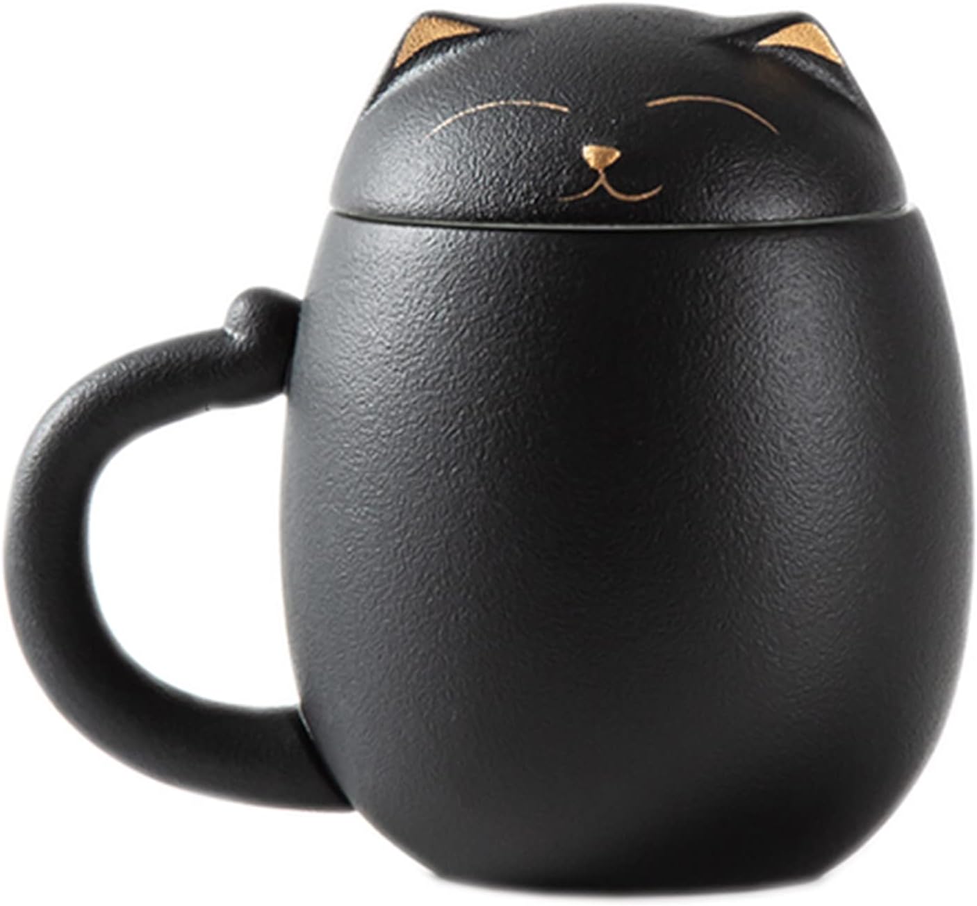 Cat Mug Cute Ceramic Coffee Cup with Infuser and Lid,Filter for Steeping Loose Leaf,kawaii coaster,Novelty Morning Cup Tea Milk Christmas Mug Chinese Handmade Porcelain Teacup(Black)